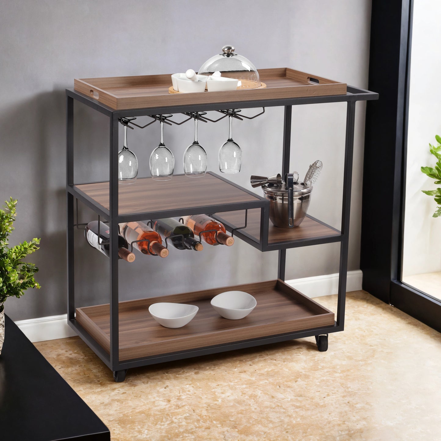Carrito Harlow nogal montaje en pared ambiente moderno bar cart México