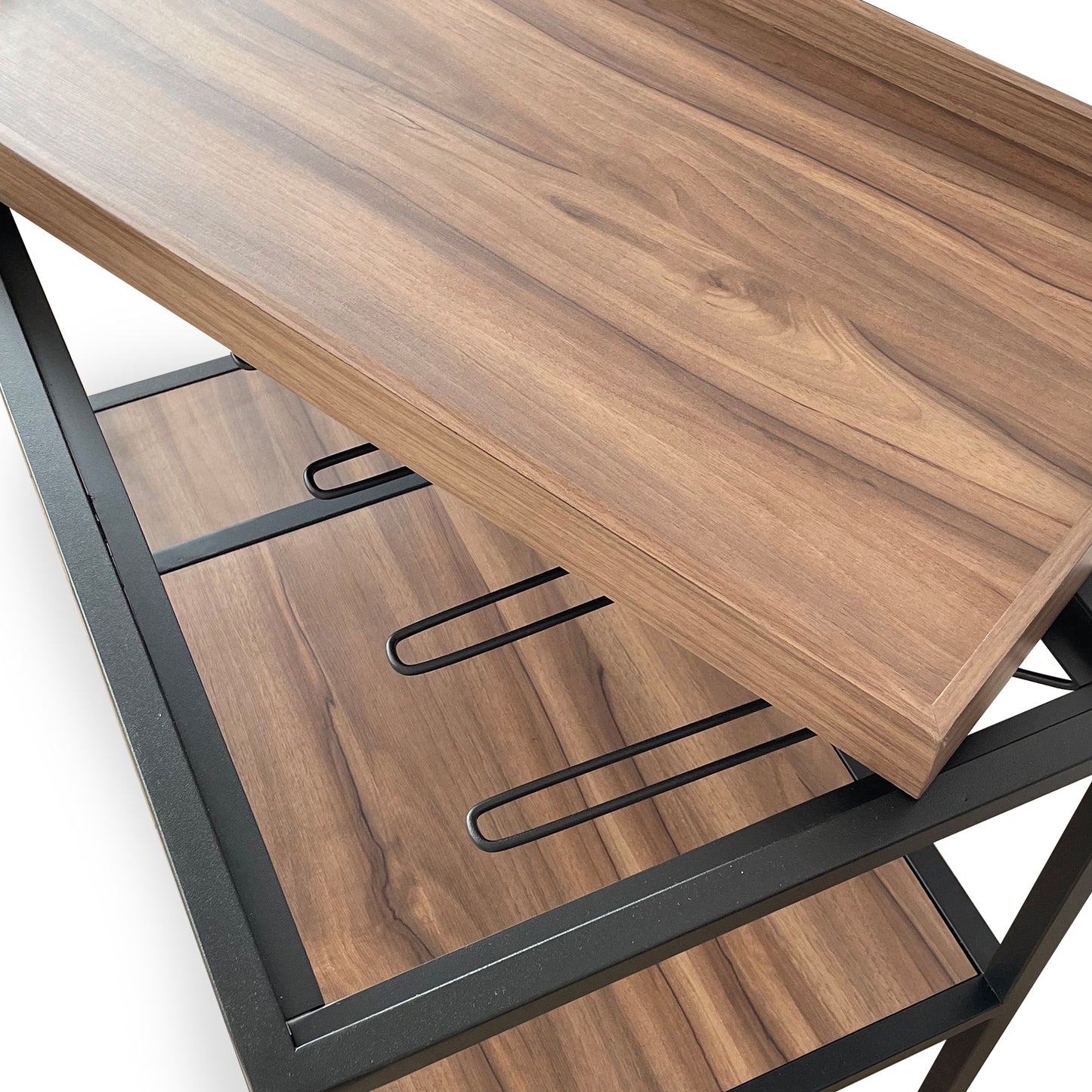 Carrito Harlow nogal detalle zoom estructura tubular calidad premium DI+Mueble