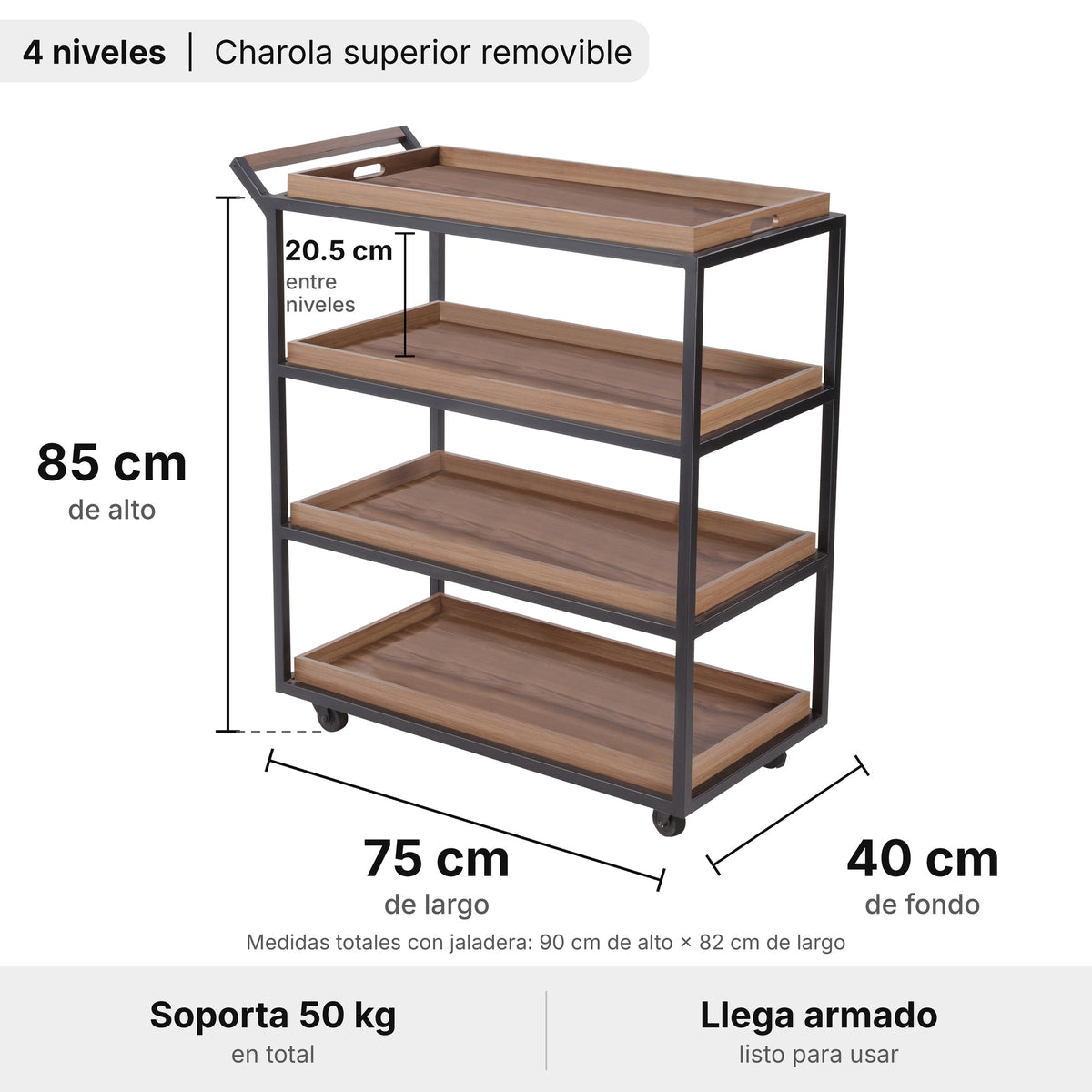 Medidas del Carrito de Servicio Decor: 85 cm de alto, 75 cm de largo y 40 cm de fondo