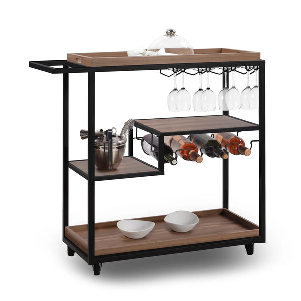 Carrito de Servicio Harlow acabado nogal vista perspectiva con charola removible